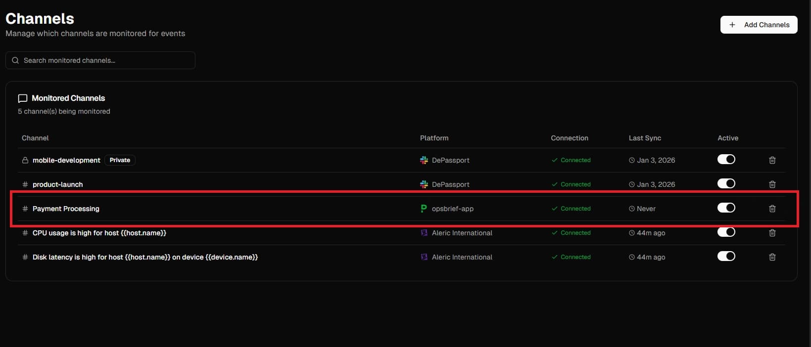 OpsBrief Channels page showing PagerDuty services with monitoring toggles