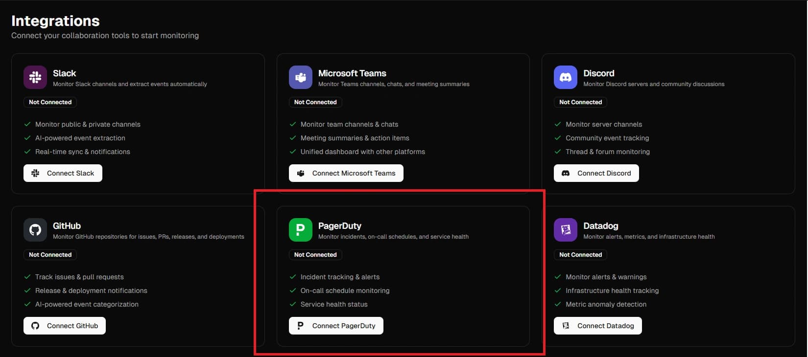 OpsBrief Integrations page showing PagerDuty integration card